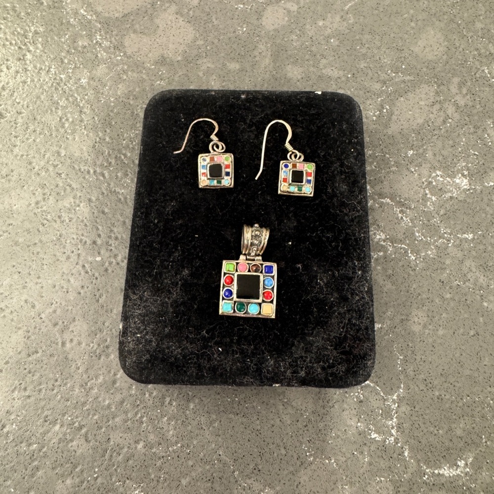Colorful Square Pendant and Earring Set